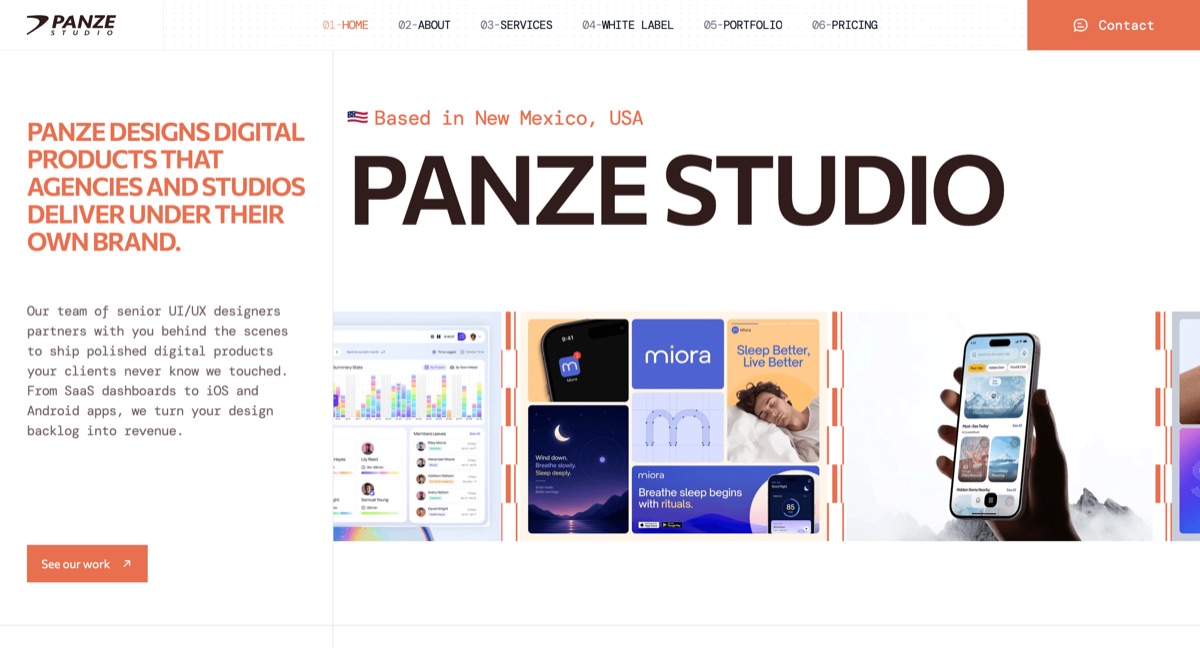 Panze Studio website homepage, a white-label digital product design agency