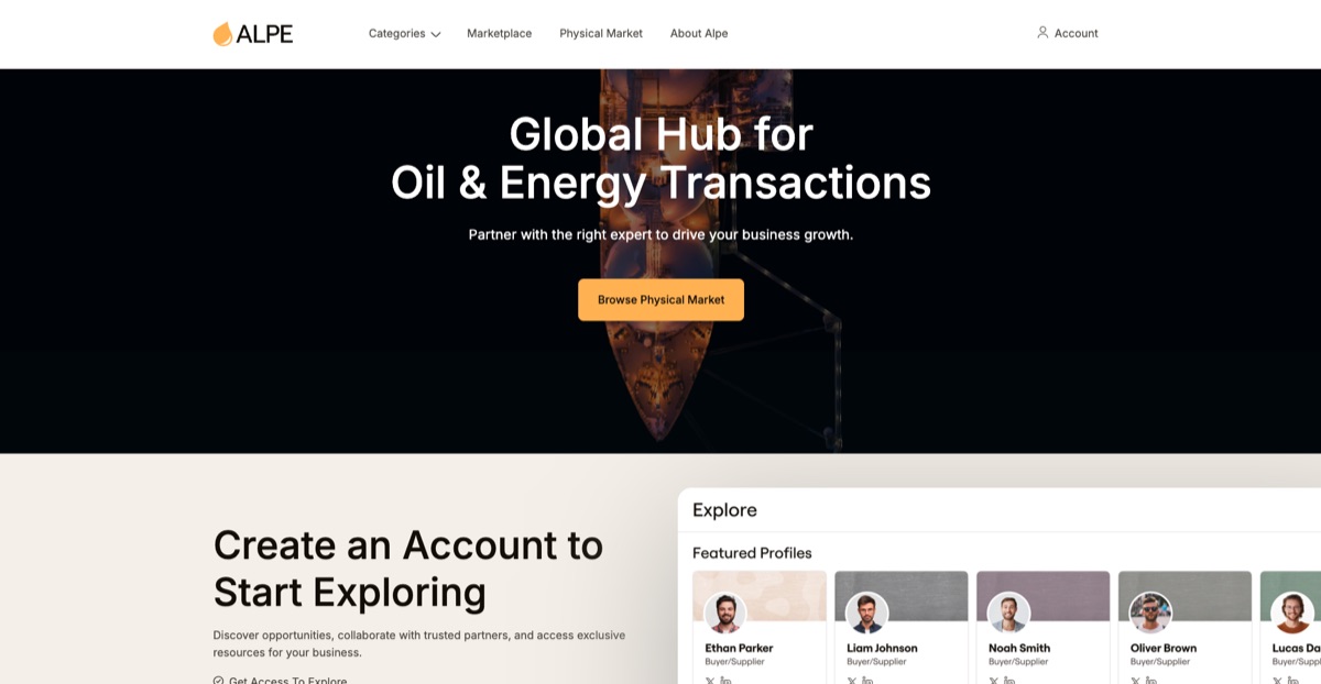 Alpe oil and energy marketplace homepage