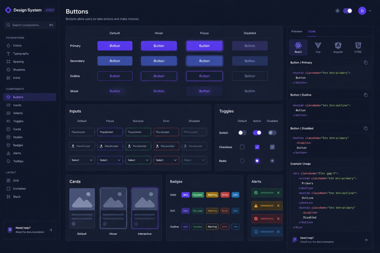 A React component library rendered as a design system with component states