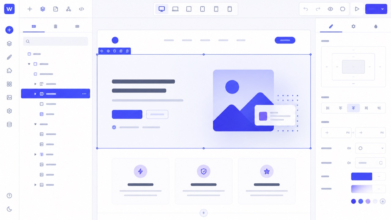 Webflow designer canvas showing a responsive layout with the style and layers panels