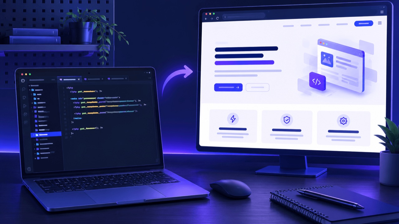 Custom WordPress theme code beside the rendered website it produces