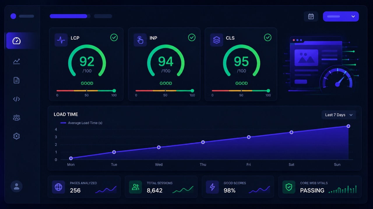 Core Web Vitals dashboard showing passing LCP, INP and CLS scores after optimisation