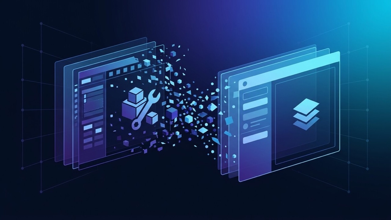 Abstract dark tech visual representing a Divi builder icon migrating from version four to version five