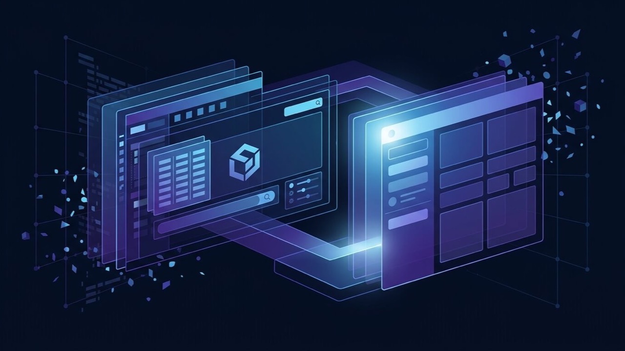 Abstract dark tech graphic representing a Divi header template being edited with global presets