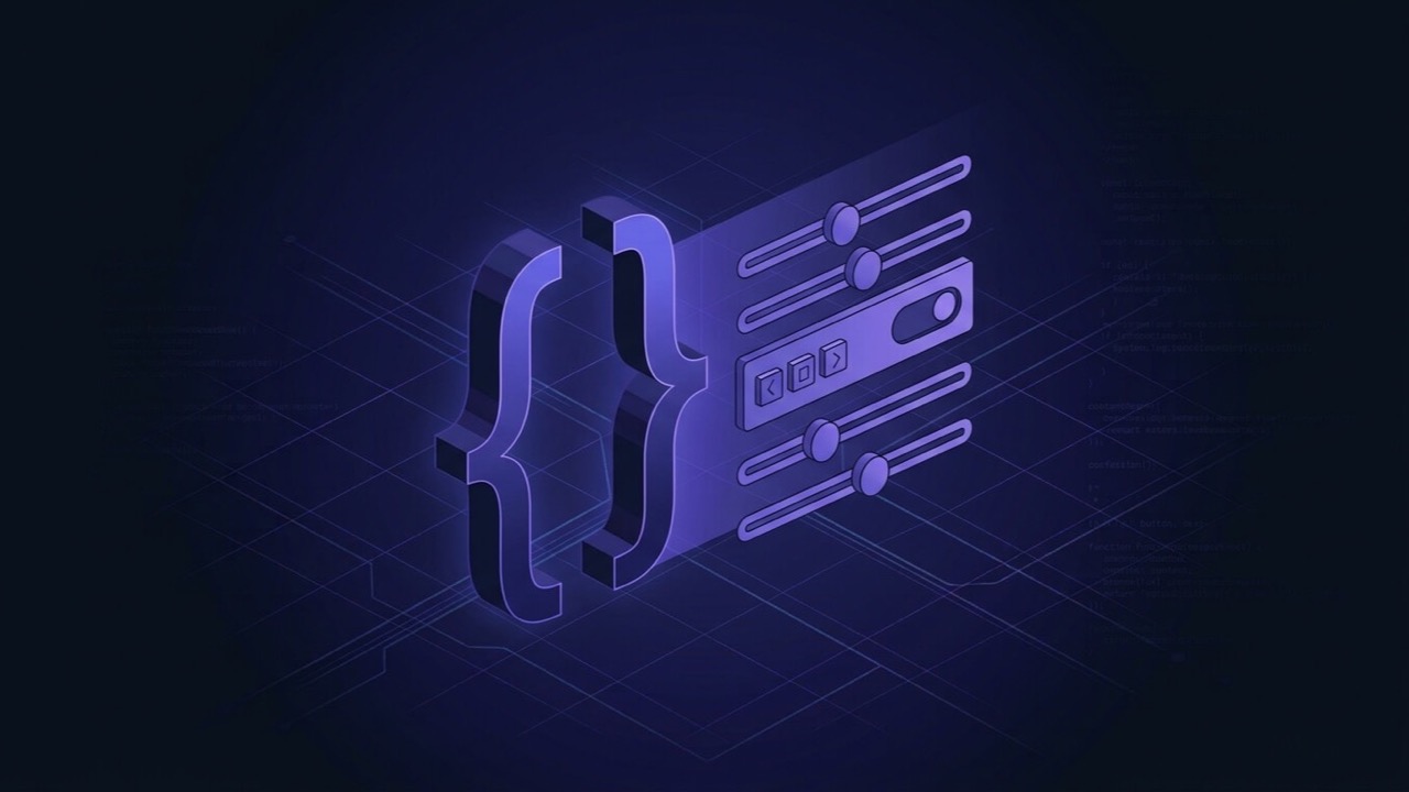 Abstract dark tech graphic representing a custom PHP widget class beside its Elementor editor controls