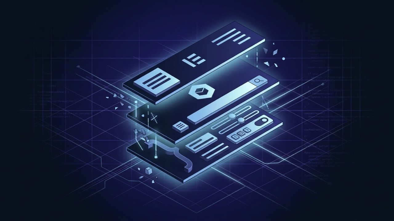 Abstract dark tech graphic representing an Elementor header template being edited in the Theme Builder