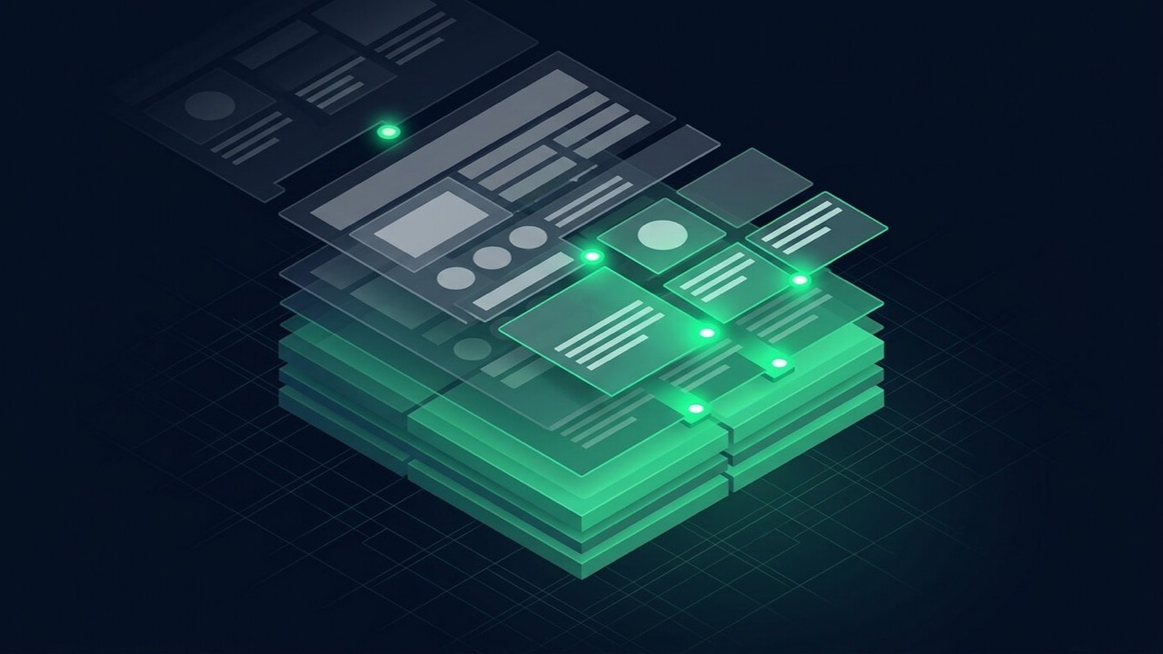Abstract dark tech graphic representing a broken Elementor page-builder layout being fixed