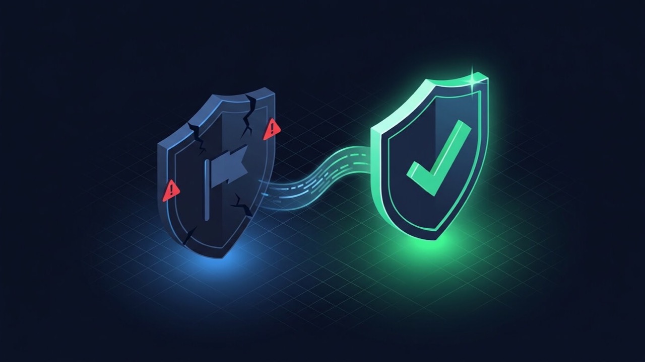 A flagged shield icon transitioning into a cleared, verified shield