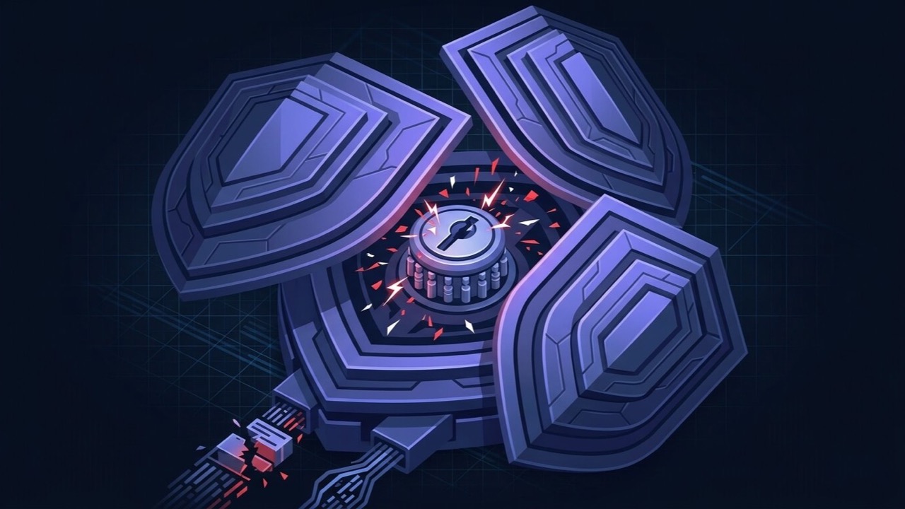 Abstract dark tech graphic representing a WordPress site being hardened against attack