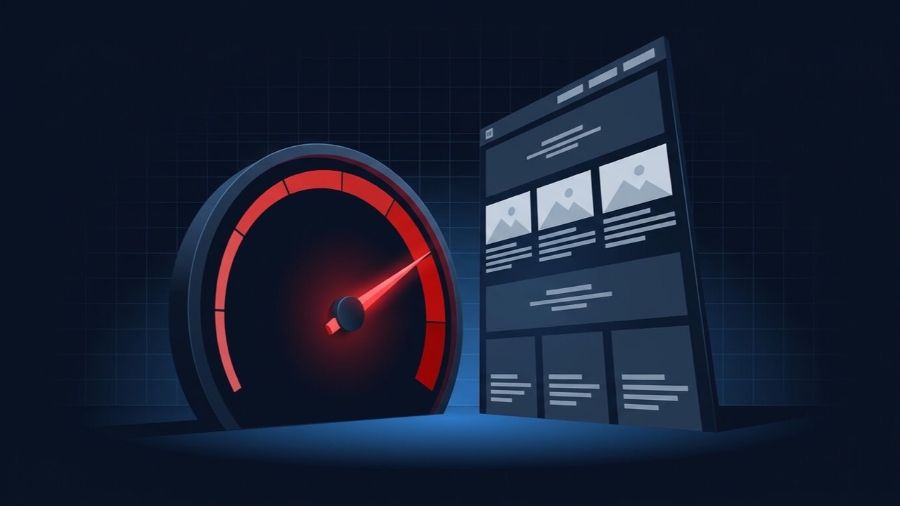 Speedometer-style gauge sitting in the red zone beside an Elementor page layout, representing a slow-loading Elementor site