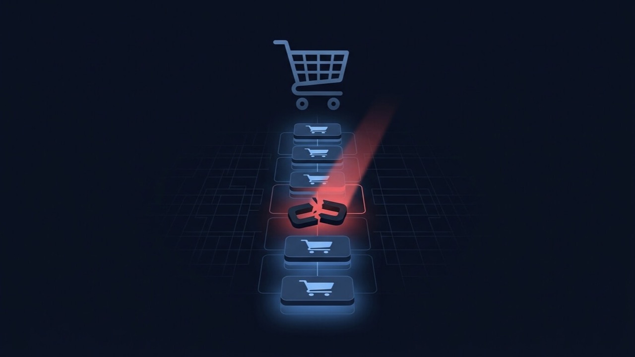 Shopping cart icon above a stalled checkout progress bar, representing a WooCommerce order that won't complete