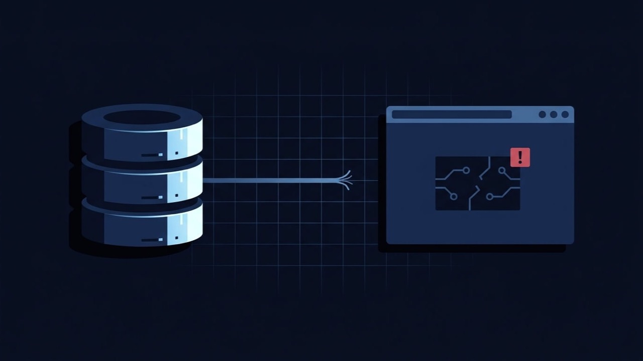 Database cylinder icon with a broken connection line reaching toward a browser window showing a database connection error