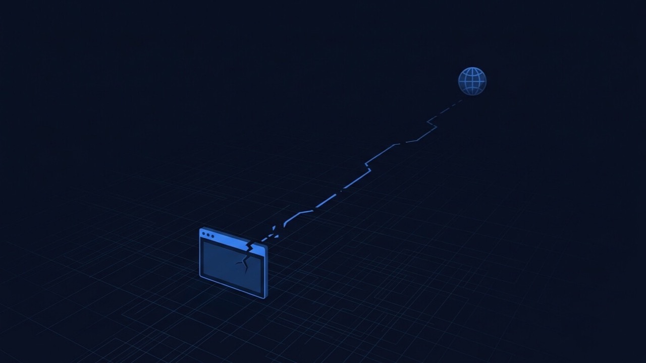 Browser window with a broken connection line reaching toward a globe icon, representing a site that won't load at all