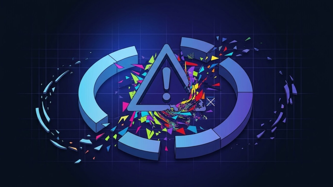 An update refresh icon breaking apart into a warning triangle, representing a site broken by a recent update